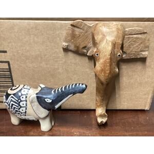 Kenya Elephant Soapstone Marble Figurine & Wooden Handcarved Elephant
